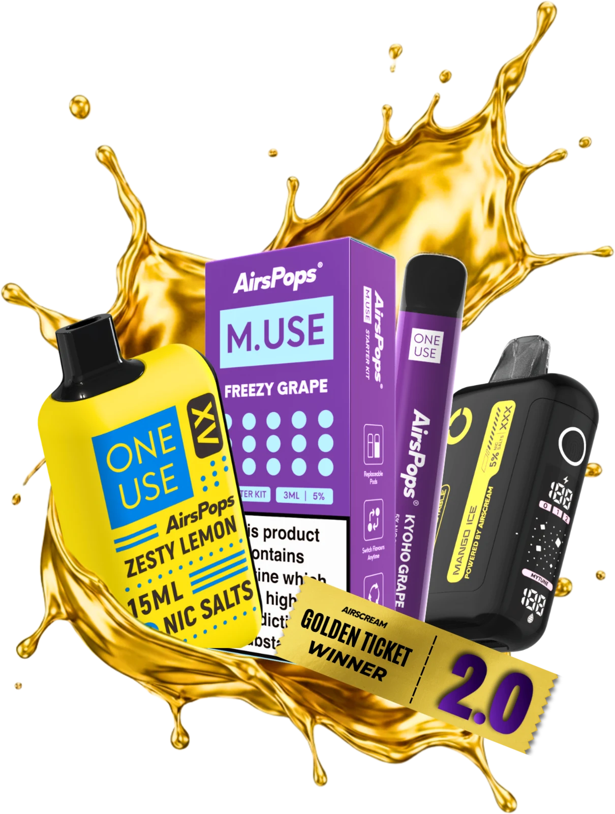 Participating AIRSCREAM products emerging through a gold splash with a Golden Ticket